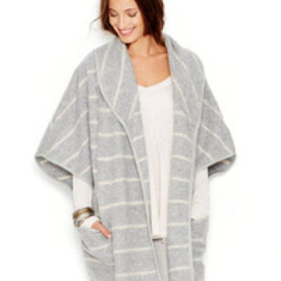 Free People Wool gray and cream strip poncho cape jacket - Picture 12 of 12